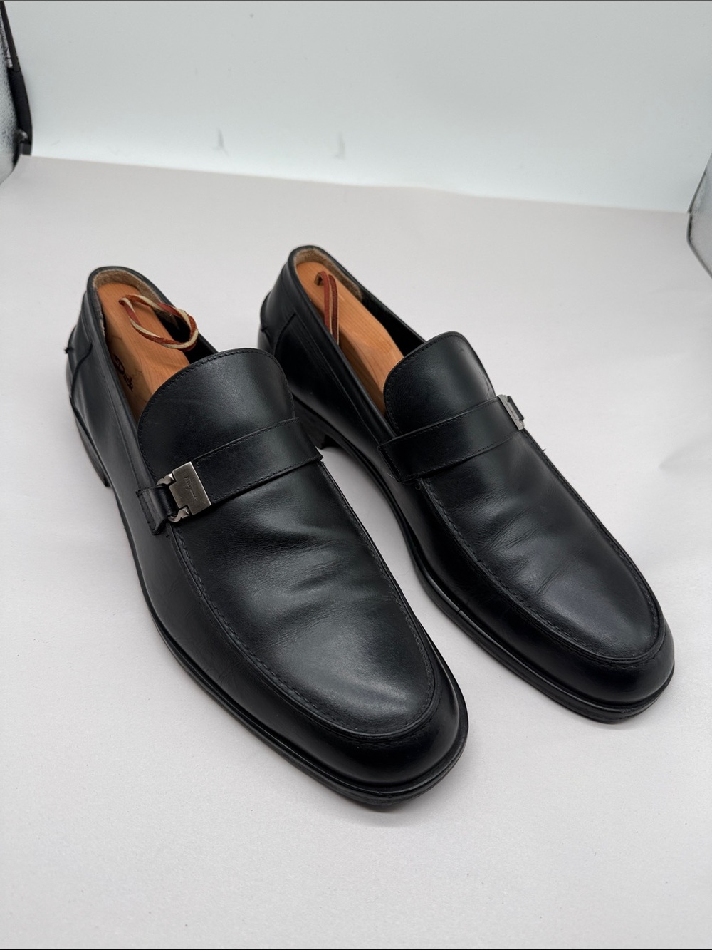 Salvatore Ferragamo Black Leather Penny Loafers with Metal Bit